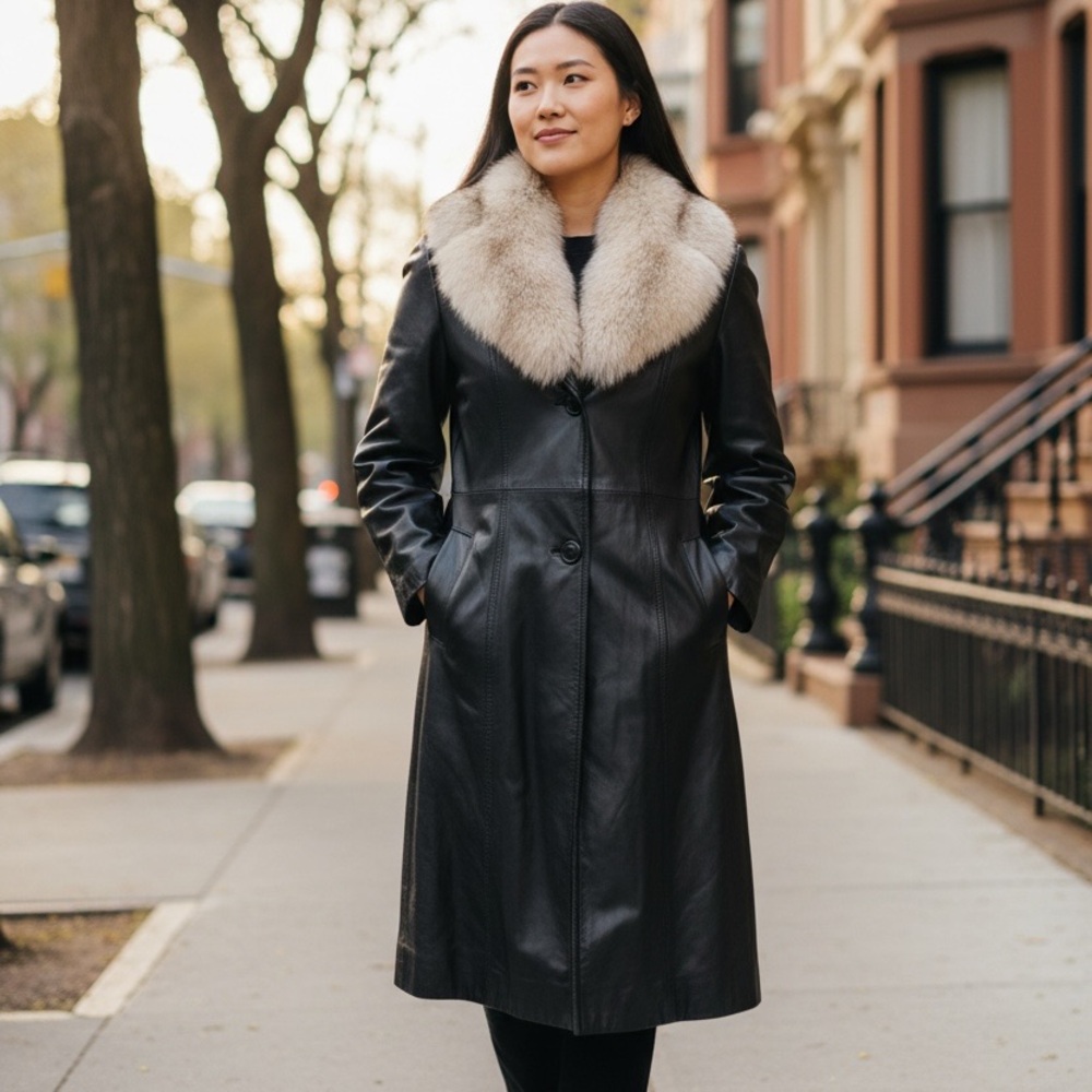 Leather Attic Vintage 60’s  Black  Coat with fox Fur Collar